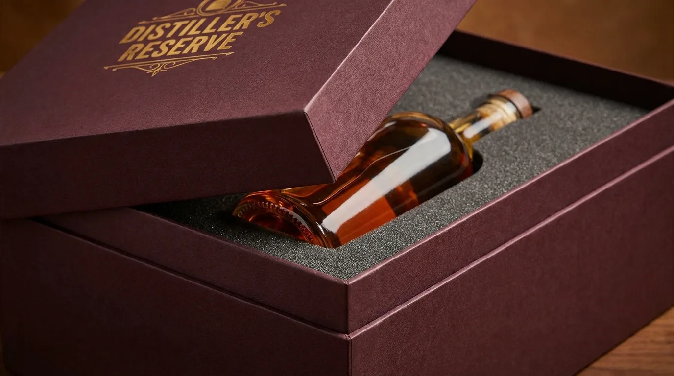 威士忌紅酒精裝禮盒:EVA內托固定酒瓶,磁吸硬盒深色裱紙燙金